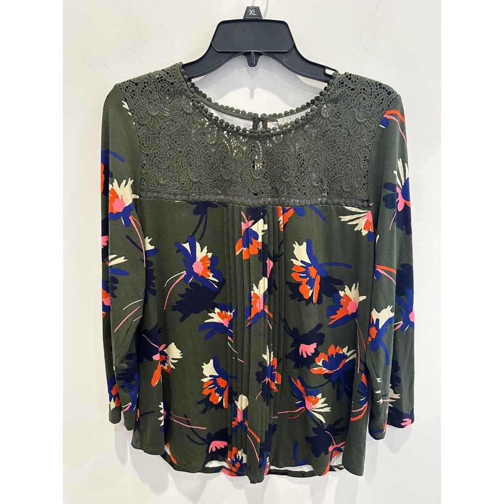 Daniel Rainn Darrel Crochet Yoke Knit Top Green Floral Pintuck L comfy cozy